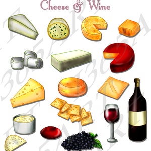 Clipart di formaggio, cracker, vino e uva, clipart, scrapbooking, abbellimenti, inviti per feste, PNG e JPEG, uso commerciale