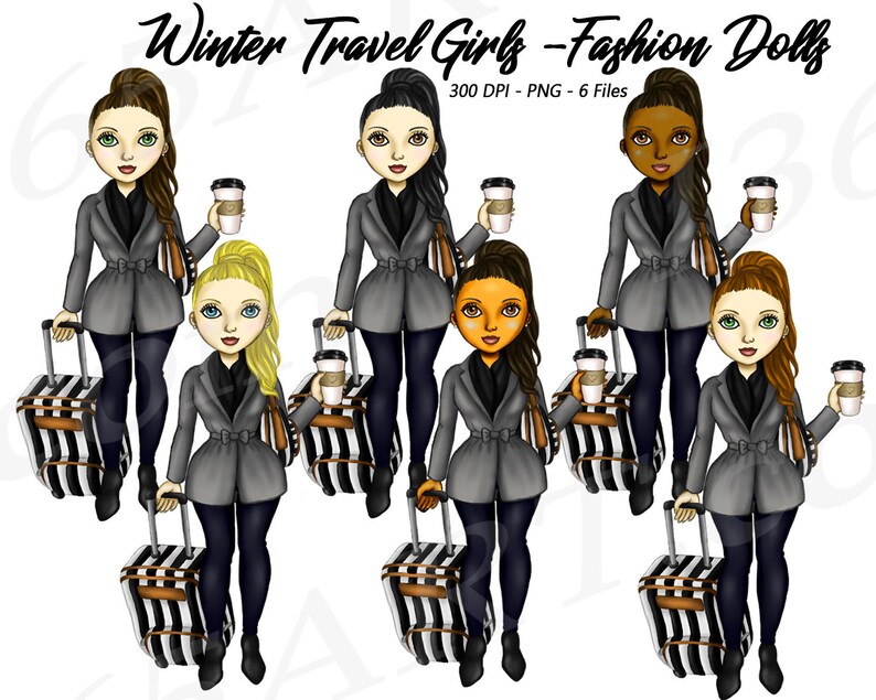 Puede incluir: Seis ilustraciones digitales de mu&ntilde;ecas de moda con atuendos de invierno y llevando maletas. Las mu&ntilde;ecas tienen diferentes colores de cabello y tonos de piel. El texto "Winter Travel Girls - Fashion Dolls" est&aacute; en la parte superior de la imagen.