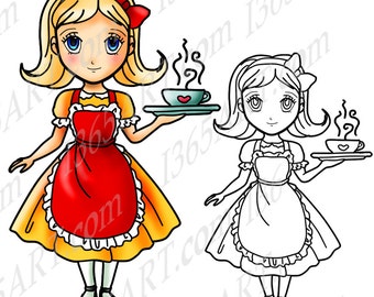 Cafe girl clipart, Digital Stamp, Coloring Page, Clipart Scrapbooking, Waitress, Maid Cafe, Girl With Apron, Cute,  Anime, Chibi