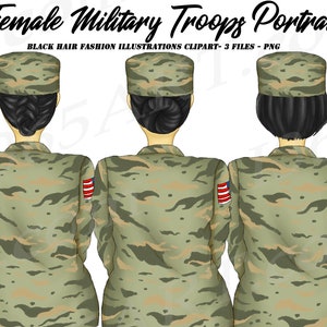 Military Woman Clipart, Army, Independence, Memorial Day, Veteran, Female troops, Portraits, Hairstyles, black hair, Dark, Planner Dashboard