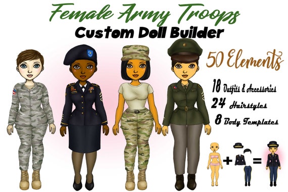 Female Army Clipart, Military Clipart, Army Blues Green Uniform, Military, African American, Best friends, Customizable, Custom Doll Builder Il_570xn