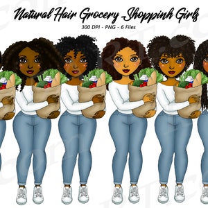 Grocery shopping clipart, grocery girl PNG, Natural Hair ladies, Black Girls, black women clipart, African American clipart, curvy