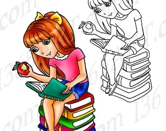 Clipart girl, Girl clip art, Digital Stamp, Coloring Page, Scrapbooking, digital girl, Reading Books, Anime Chibi, 8 x 9, commercial