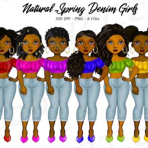 Black Women Clipart, Spring Clip Art,  Denim Girl, African American, Black Girl Planner, Chibi Clipart, Curvy Girls Digital Download
