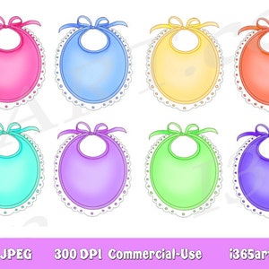 May include: Eight baby bibs in different colors, each with a white lace trim and a bow. The colors are pink, blue, yellow, orange, turquoise, purple, green, and purple.