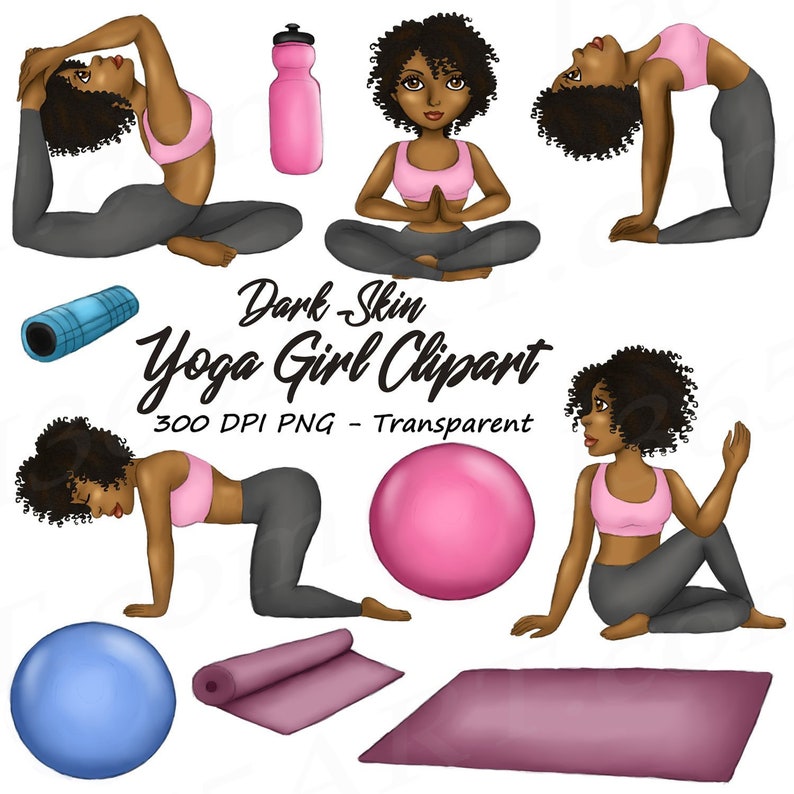Yoga Girl Clipart, Natural Hair, Yoga Clipart, Fitness, Fashion Girl, Illustration, Planner Clipart, Cute Girls, African American clipart image 1