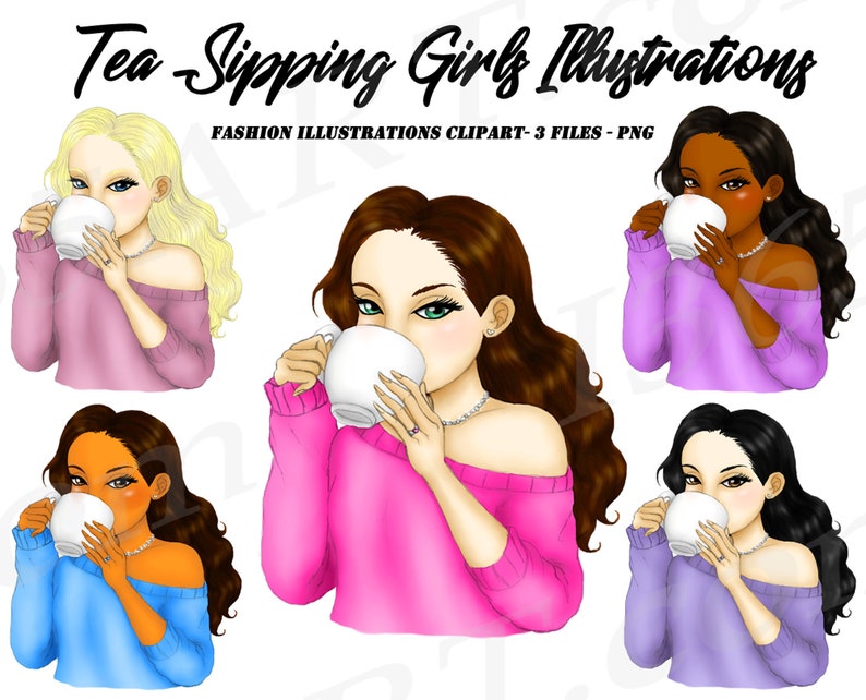 Tea Sipping Girls Clipart, Fashion Portrait, Sips Tea, Coffee Girls, African American, Hairstyles, Planner Dashboard, Illustrations image 1