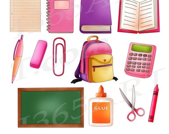 Buy 3 get 1 free School Clipart Clip art, Back to school clipart, school supplies clipart, scrapbooking, College, study, graphics, pink, png