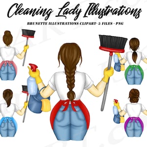 Cleaning Lady Clipart, Cleaning Business logo, Brunette Woman Clipart, Maid Service, Maid Clipart, Chores, Female Janitor, Sublimation image 1