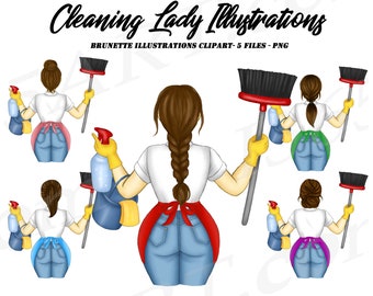 Cleaning Lady Clipart, Cleaning Business logo, Brunette Woman Clipart, Maid Service, Maid Clipart, Chores, Female Janitor, Sublimation