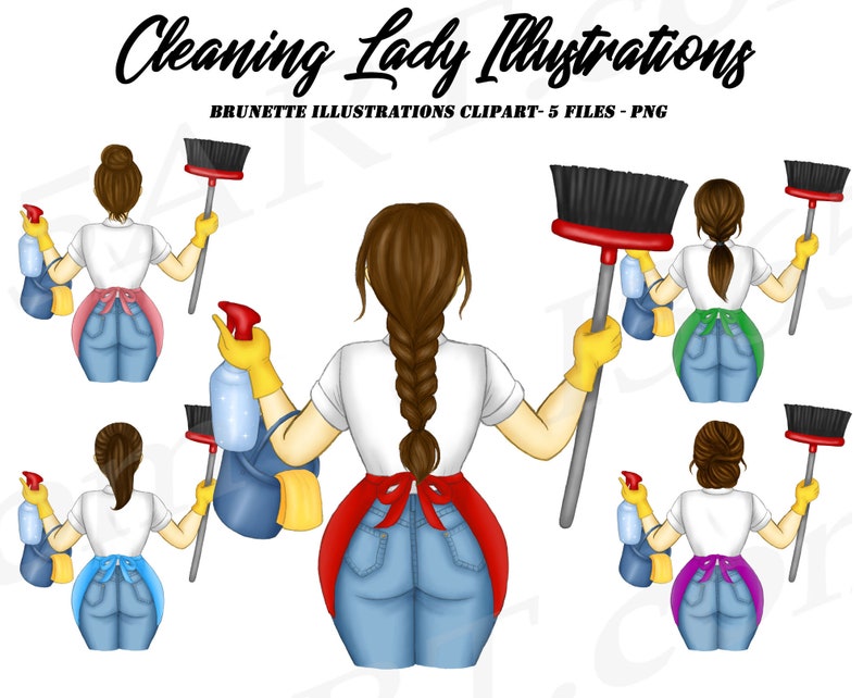 Cleaning Lady Clipart, Cleaning Business logo, Brunette Woman Clipart, Maid Service, Maid Clipart, Chores, Female Janitor, Sublimation image 1