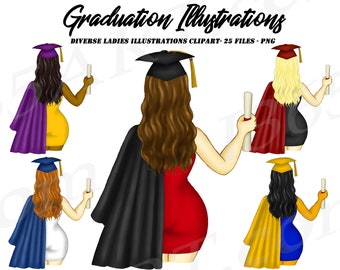 Graduation Clipart, Graduation Girls Clipart, College, highschool, Graduate Students, Cap and Gown, Sublimation, African American, PNG