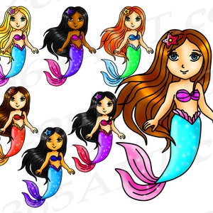 Carino Clipart Sirena, ClipArt Sirena, Mermaid Girls Clipart, Sotto il mare, Adesivi Planner, PNG, Francobolli digitali, Afroamericano