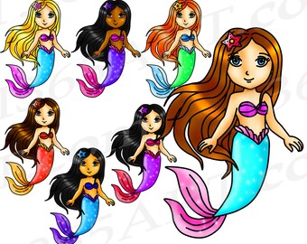 Cute Mermaid Clipart, Mermaid Clip Art, Mermaid Girls Clipart, Under The Sea, Planner Stickers, PNG, Digital Stamps, African American