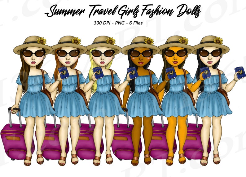 Travel Girl Clipart, Summer Travel clipart, Vacation, suitcase clipart, curvy girl clipart, Fashion Girls, African American PNG image 1