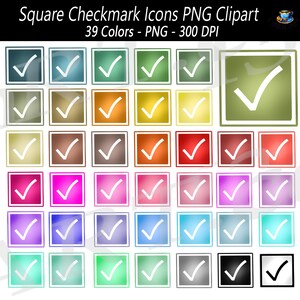 May include: A collection of 39 square checkmark icons in various colors, each featuring a white checkmark inside a bordered square. The text at the top reads Square Checkmark Icons PNG Clipart, 39 Colors - PNG - 300 DPI. The icons display gradients.