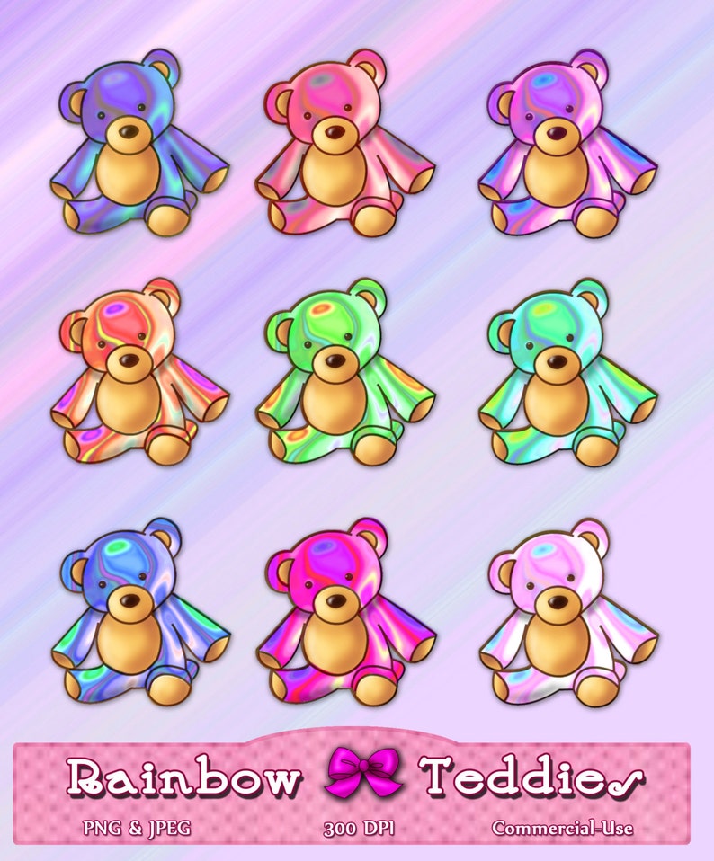 Cute Rainbow Teddy Bears Clipart, Teddy Bear clip art, teddy bear graphic, Scrapbooking, Party Invitations, Digital, PNG, Commercial image 1