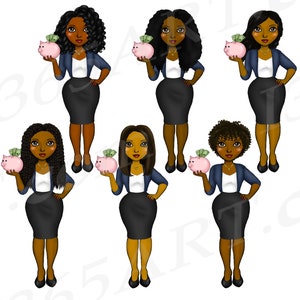 May include: Six digital illustrations of Black women with curly hair wearing blue blazers and black skirts. Each woman is holding a pink piggy bank with dollar bills coming out of the top.