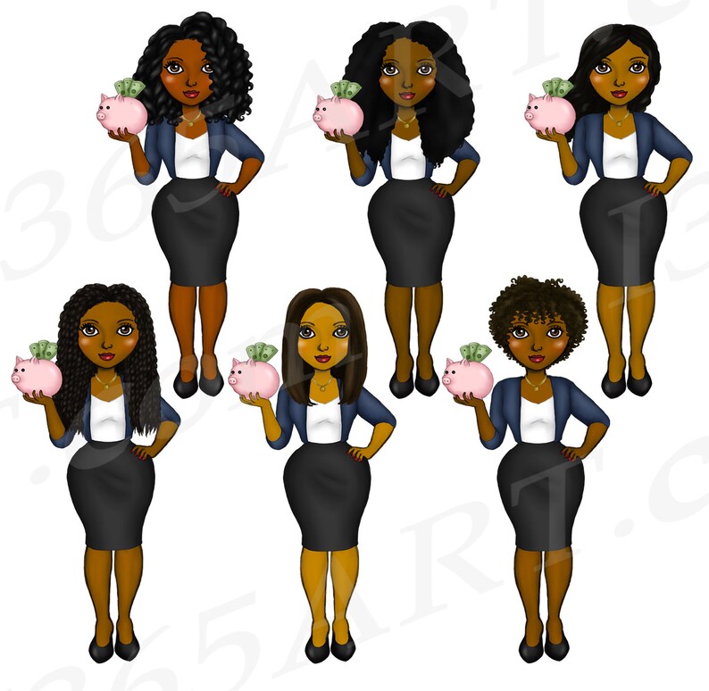May include: Six digital illustrations of Black women with curly hair wearing blue blazers and black skirts. Each woman is holding a pink piggy bank with dollar bills coming out of the top.
