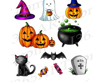 Hand Drawn Halloween Clipart, Jack-o-Lantern, Ghost (Digital Download)