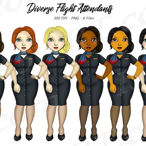 Clipart de comissária de bordo, comissários de bordo diversos, clipart de aeromoça, viagem de voo, avião, garotas de viagem, clipart afro-americano