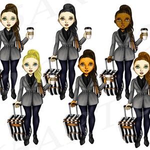 Puede incluir: Seis ilustraciones digitales de mujeres con abrigos grises, maletas rayadas en blanco y negro y tazas de caf&eacute;. Las mujeres tienen diferentes colores de cabello y tonos de piel.