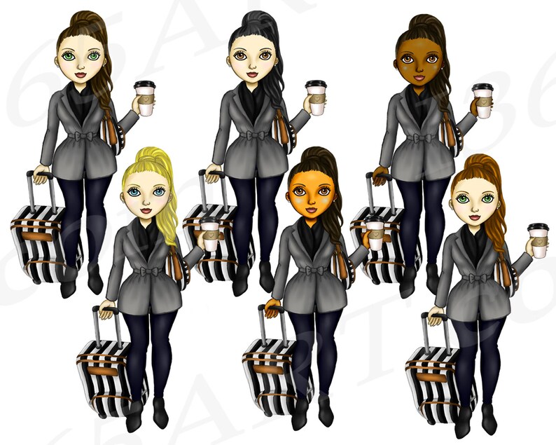Puede incluir: Seis ilustraciones digitales de mujeres con abrigos grises, maletas rayadas en blanco y negro y tazas de caf&eacute;. Las mujeres tienen diferentes colores de cabello y tonos de piel.