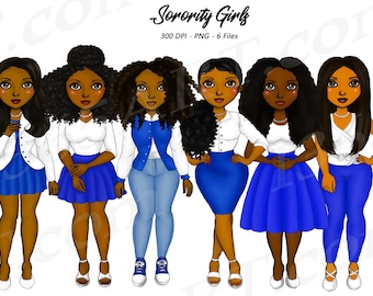 Buy 3 get 1 Free Sorority Clipart, Natural Hair, Black Girl, Black Women, African American Clipart, HBCU, blue, white, Fashion Girl, PNG