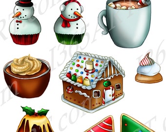 Buy 3 Get 1 Free Merry Christmas Treats Clipart, Invitations, Scrapbooking, Cupcakes, Pudding, Cookies, Ginger Bread House, Candy Cane PNG