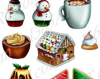 May include: A set of 12 digital illustrations of Christmas treats, including gingerbread cookies, candy canes, a gingerbread house, a snowman cupcake, a pudding, and a mug of hot chocolate.  The illustrations are in a cartoon style and are perfect for use in digital scrapbooking, card making, and other craft projects.
