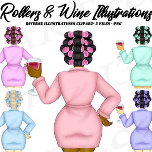 Salon de coiffure Clipart, Journée Spa, Rouleaux à cheveux, Bigoudis, Vin, Soirée pyjama, Soirée pyjama, Fête du sommeil, Beauté PNG, Sublimation, Nuit entre filles, Afro-Américain