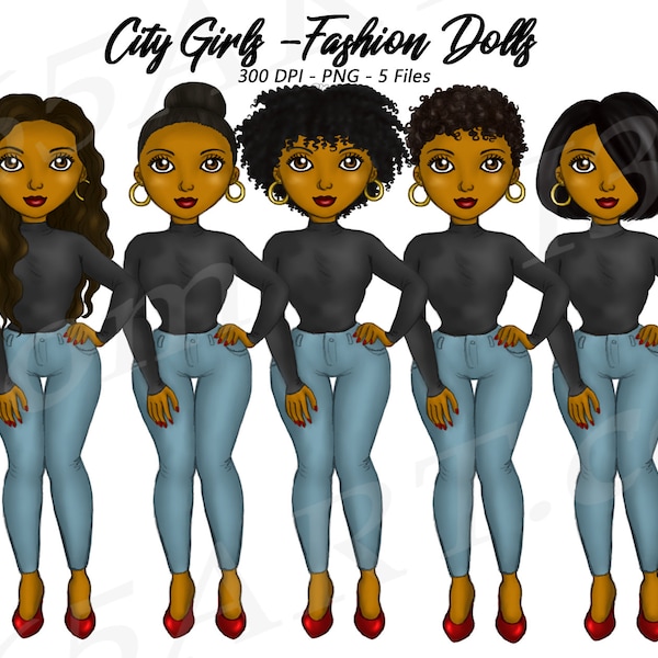 City Girls Clipart, Black Girl, Black Women Clipart, African American Clipart, Girl Boss, Natural Hair, Denim, Fashion Girls, Curvy Clipart
