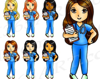 Kawaii Nurse Girl Clipart, Planner Stickers, Digital Stamps (PNG/JPEG)