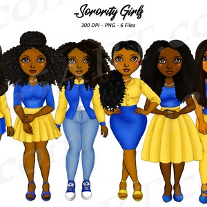 Sorority Clipart, Natural Hair, Black Girl Clipart, Black Women, African American Clipart, Yellow, Blue, Fashion Girl Clipart, Curvy Girls