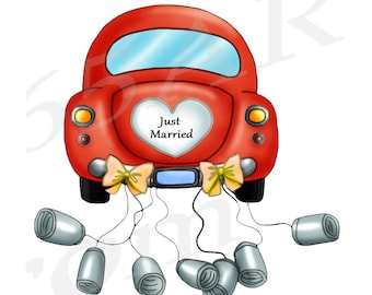 Just Married Car Clipart, Wedding Invitation Scrapbook (Digital)