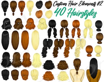 May include: A set of 40 digital illustrations of different hairstyles. The hairstyles are in various colors, including black, brown, blonde, and red. The hairstyles are all drawn in a cartoon style.