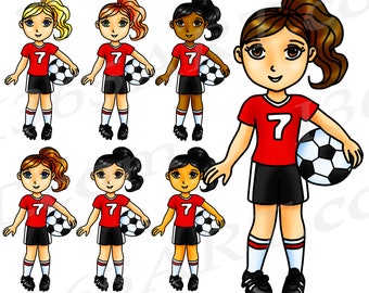 Fußball Mädchen Clipart, Red Team, Planer Grafik, digitaler Download