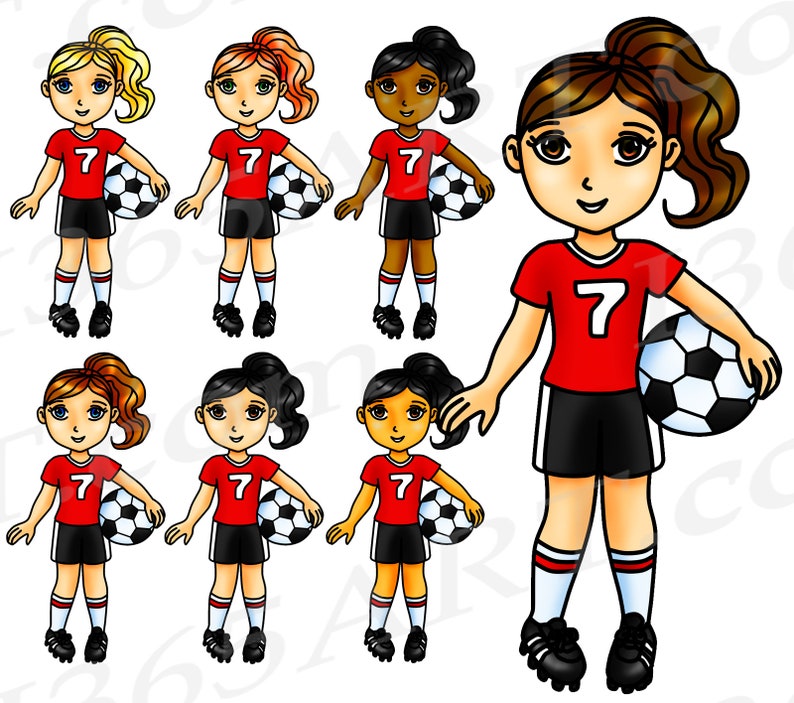 Może przedstawiać: Ilustracja clipart ośmiu piłkarzy z r&oacute;żnymi kolorami włos&oacute;w i odcieniami sk&oacute;ry. Każdy piłkarz ma na sobie czerwoną koszulkę z numerem 7, czarne spodenki, białe skarpetki i czarne buty piłkarskie. Trzymają czarno-białą piłkę nożną.