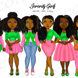 Sorority Girls Clipart, Natural Hair, Black Girl Clipart, Black Women, African American Clipart, HBCU Clipart, Pink, Green, Fashion Girl