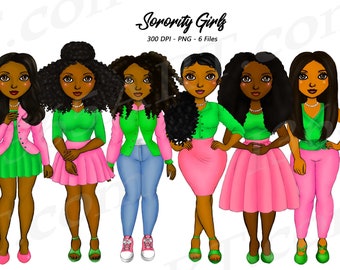 Sorority Girls Clipart, Natural Hair, Black Girl Clipart, Black Women, African American Clipart, HBCU Clipart, Pink, Green, Fashion Girl