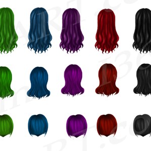 K&ouml;nnte beinhalten: Satz von 15 digitalen Illustrationen von welligem Haar in verschiedenen Farben, darunter Gr&uuml;n, Blau, Lila, Rot und Schwarz. Das Haar ist in einem langen, flie&szlig;enden, welligen Stil gestylt.