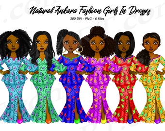 Ankara Fashion Girls Clipart, Black Woman PNG, Natural Hair (Digital Download)
