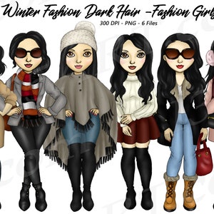 Winter Fashion Girls Clipart, Mode d’hiver, Black Hair Girl Dolls, Curvy, Fashion Girl, Illustrations, Planner Clipart, Cute Girls, PNG