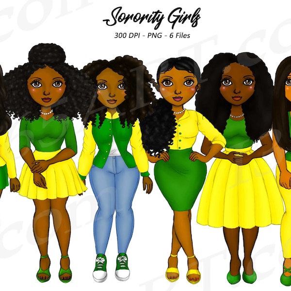 Sorority Girls Clipart, Natural Hair, Black Woman, Black Girl, African American, Sisterhood, Green, Yellow, Curvy Girls, Women, PNG