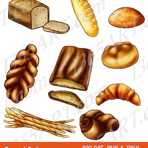 Baked Bread Clipart, Bakery clipart, Invitations, Scrapbooking, Digital, loaf, croissant, baguette, rolls, braided, PNG & JPEG