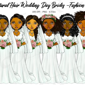 Clipart de la novia, chicas de la boda, pelo natural, niñas negras, mujer negra, matrimonio, chicas de la moda, novia, curvilínea, muñeca planificador, afroamericano imagen 1