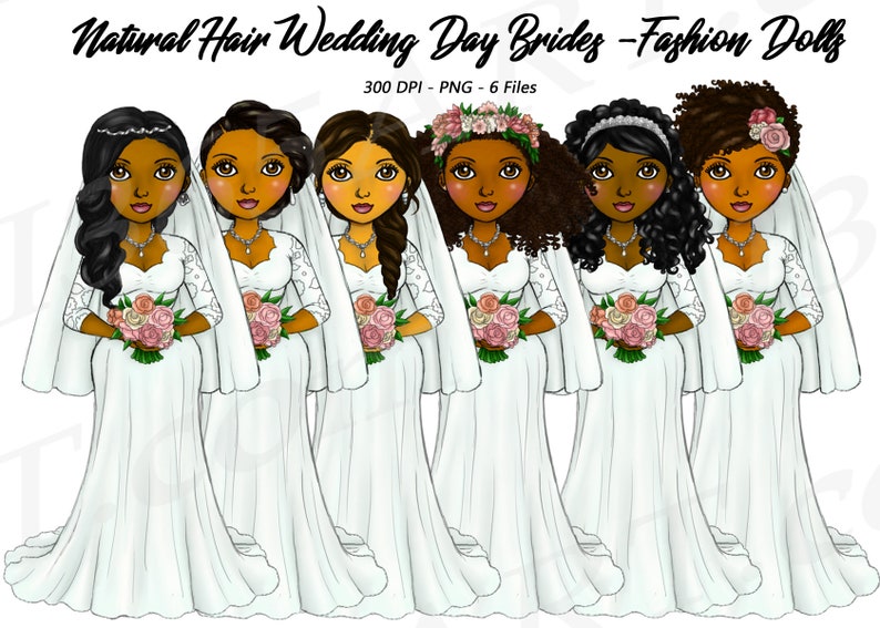 Clipart de la novia, chicas de la boda, pelo natural, niñas negras, mujer negra, matrimonio, chicas de la moda, novia, curvilínea, muñeca planificador, afroamericano imagen 1