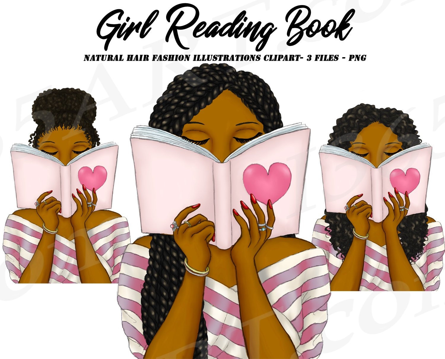 Reading Girl Clipart Natural Hair Fashion Portrait Etsy