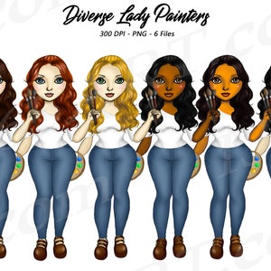 Lady Artist Clipart, Painters PNG, African American, Crafting Girls, Chibi Girl Clipart, Career Women, Curvy women, Fashion Girl