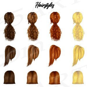 May include: A digital illustration of 10 different hairstyles. The hairstyles are all in a ponytail style and are in various colors, including black, brown, blonde, and gray.